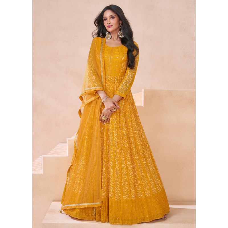 3 Pc Yellow Semi Stitched Georgette Suit Set - JD986605437
