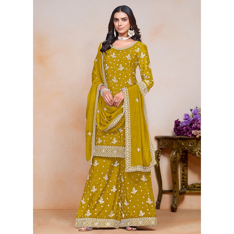 3 Pc Yellow Semi Stitched Silk Suit Set - JD986605436