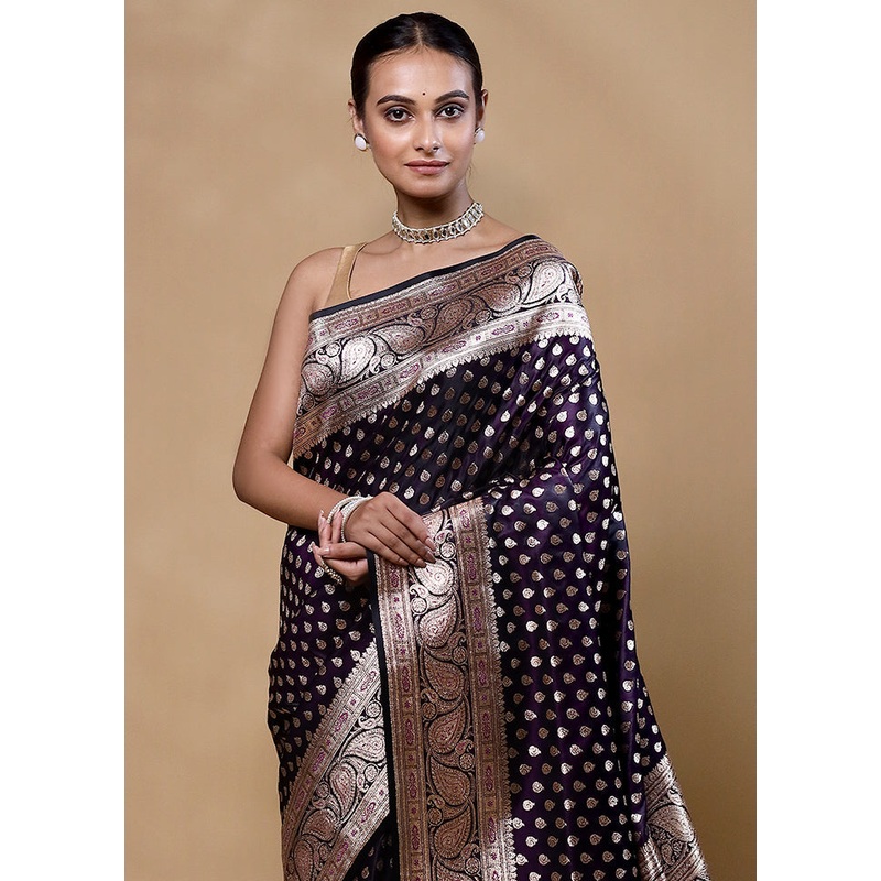 Black Banarasi Silk Saree With Blouse Piece - JD986605381