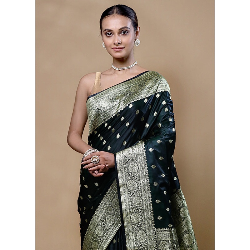 Black Banarasi Silk Saree With Blouse Piece - JD986605382