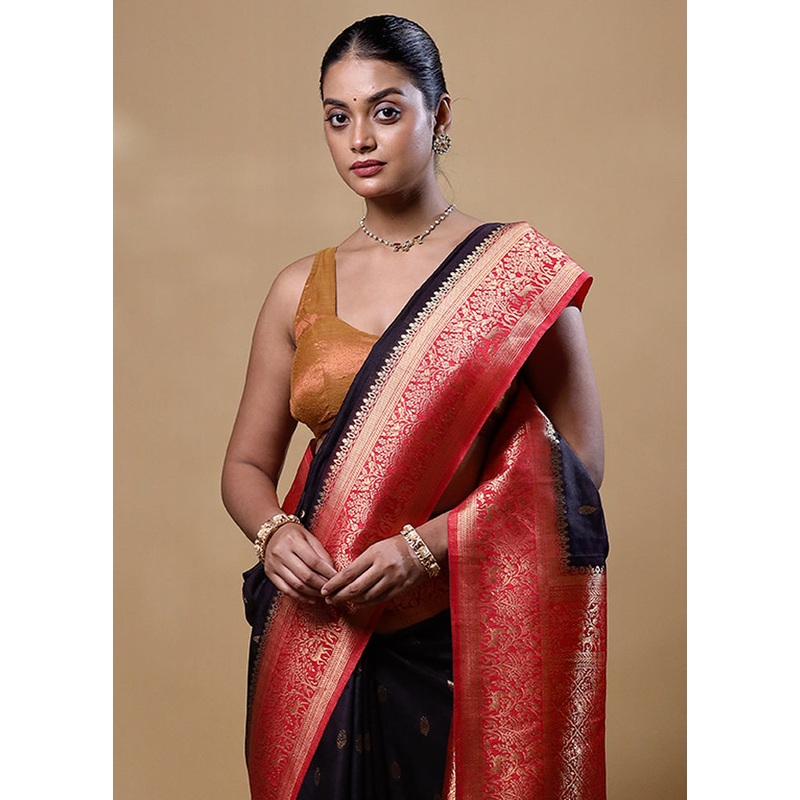 Black Dupion Silk Saree With Blouse Piece - JD986605301