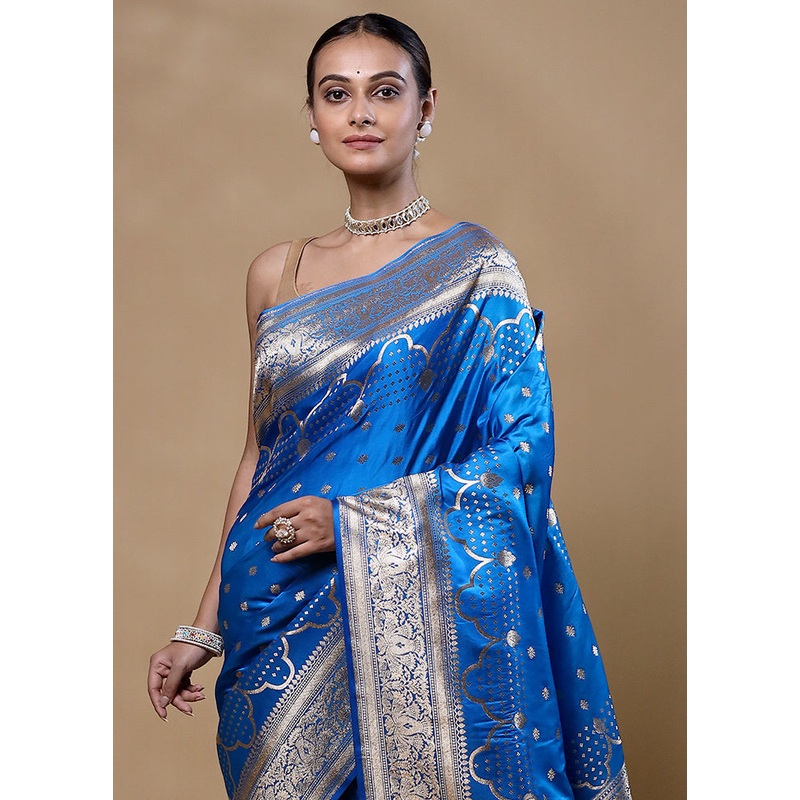 Blue Banarasi Silk Saree With Blouse Piece - JD986605380