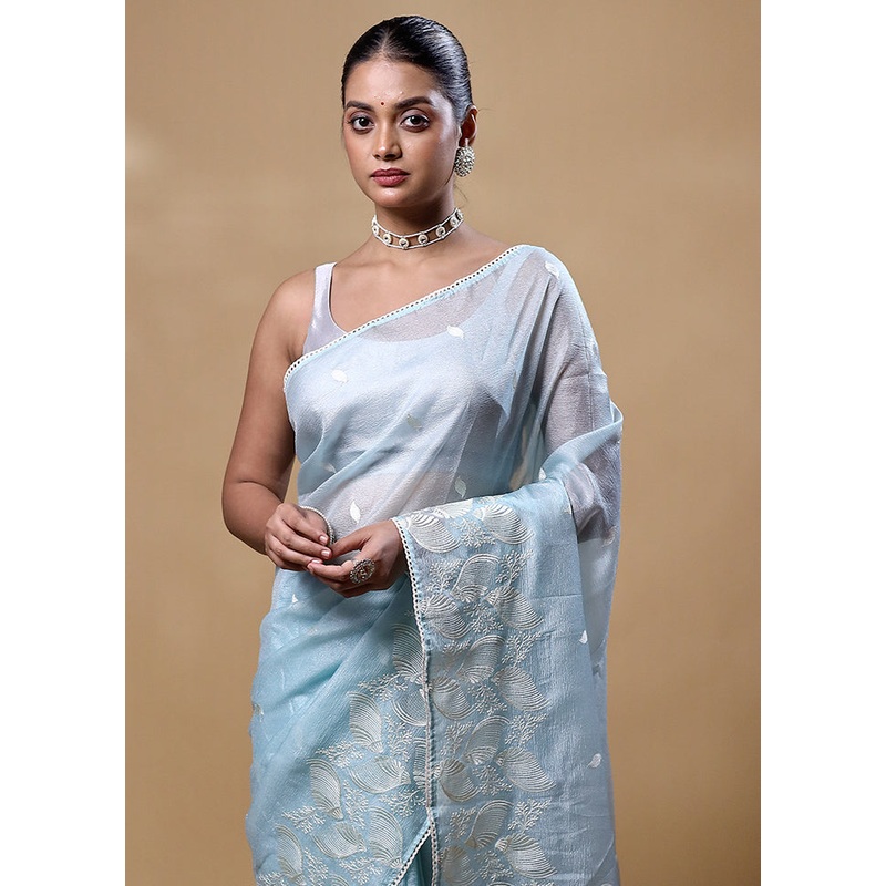 Blue Crushed Tissue Silk Saree With Blouse Piece - JD986605298
