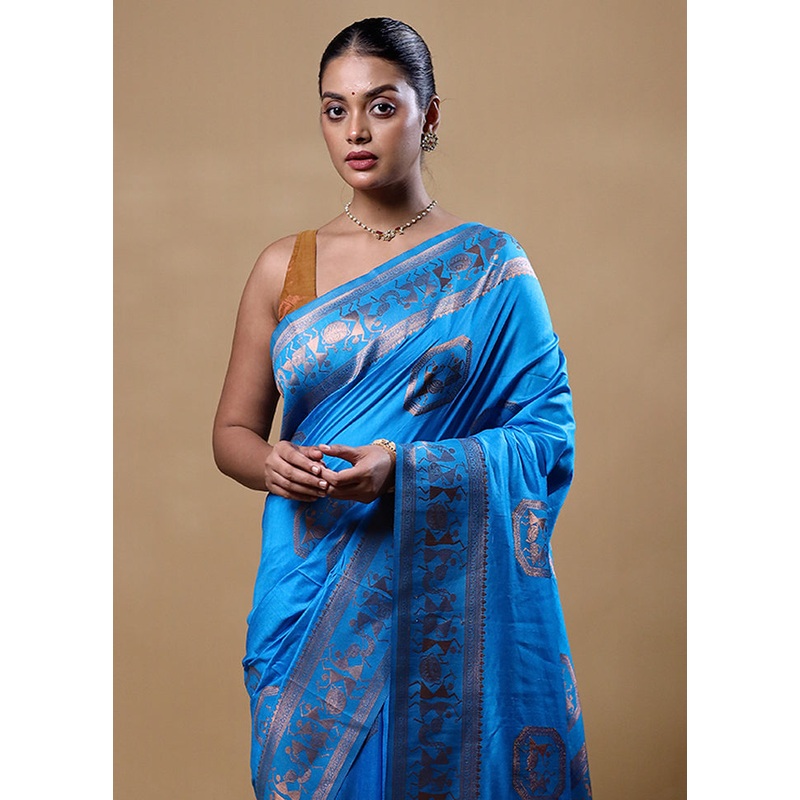 Blue Dupion Silk Saree With Blouse Piece - JD986605294