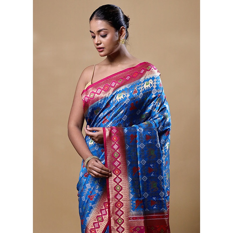 Blue Dupion Silk Saree With Blouse Piece - JD986605297