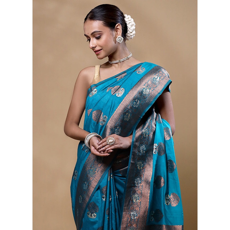 Blue Dupion Silk Saree With Blouse Piece - JD986605374