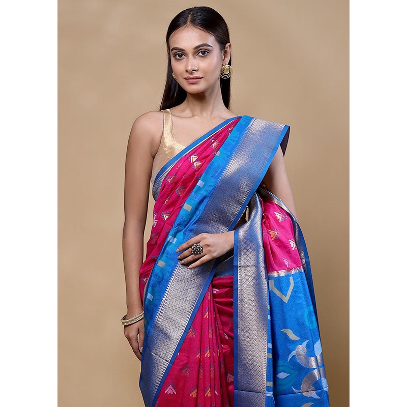 Blue Dupion Silk Saree With Blouse Piece - JD986605375