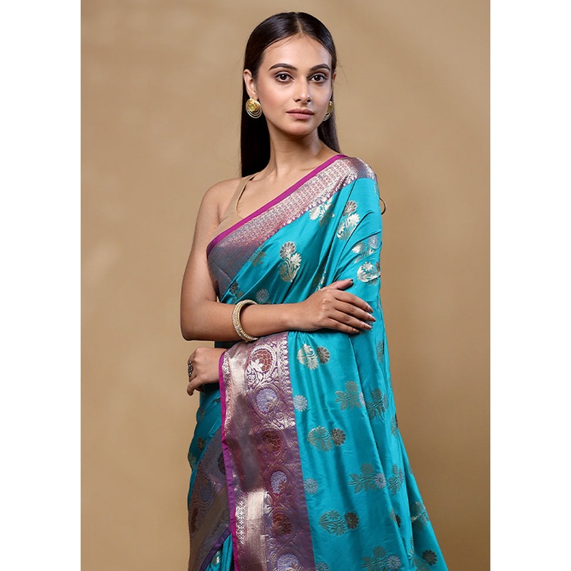 Blue Dupion Silk Saree With Blouse Piece - JD986605377
