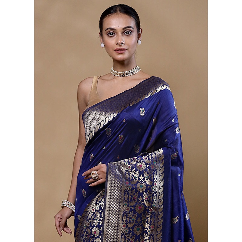 Blue Dupion Silk Saree With Blouse Piece - JD986605379