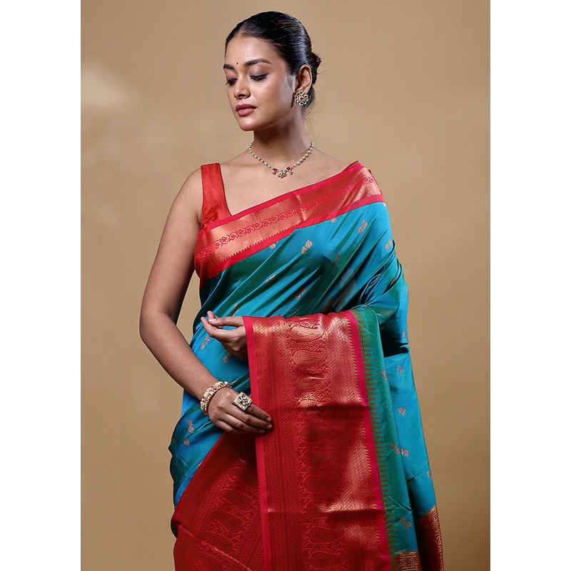 Blue Kanjivaram Silk Saree With Blouse Piece - JD986605288