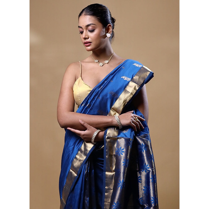 Blue Kanjivaram Silk Saree With Blouse Piece - JD986605289
