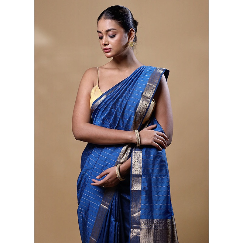 Blue Kanjivaram Silk Saree With Blouse Piece - JD986605290