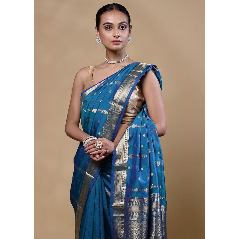 Blue Kanjivaram Silk Saree With Blouse Piece - JD986605373