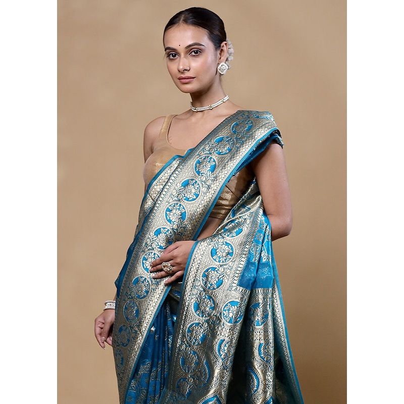 Blue Organza Saree With Blouse Piece - JD986605371