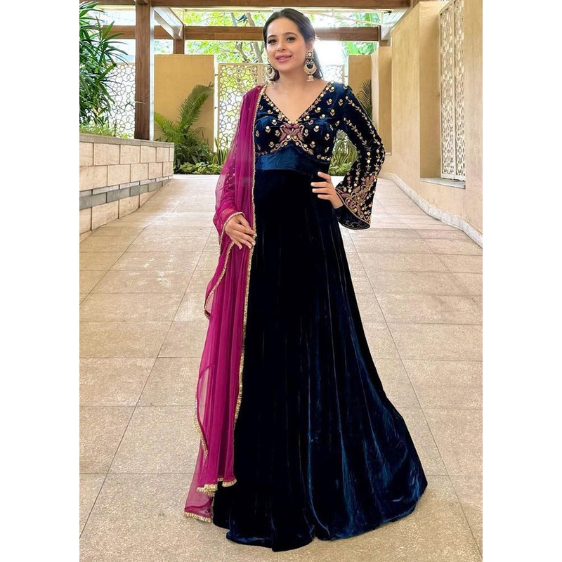 Blue Readymade Silk Dupatta Indian Dress - JD986605385