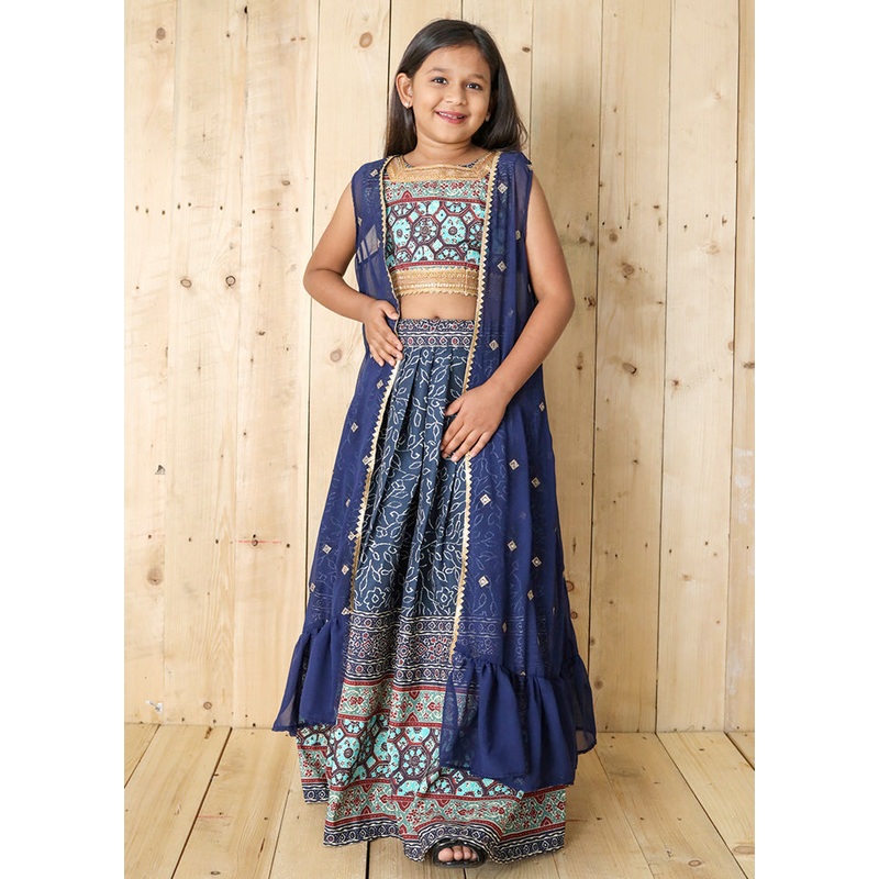 Blue Silk Digital Printed Work Lehenga With Shrug - JD986605313