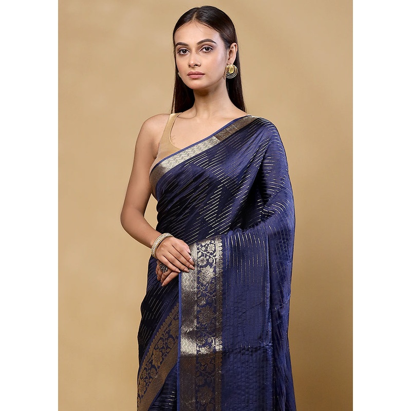 Blue Tussar Silk Saree With Blouse Piece - JD986605370