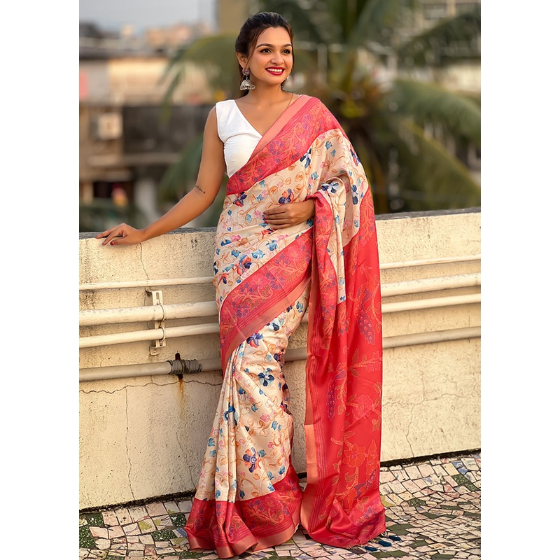 Cream Tussar Silk Saree With Blouse Piece - JD986605486