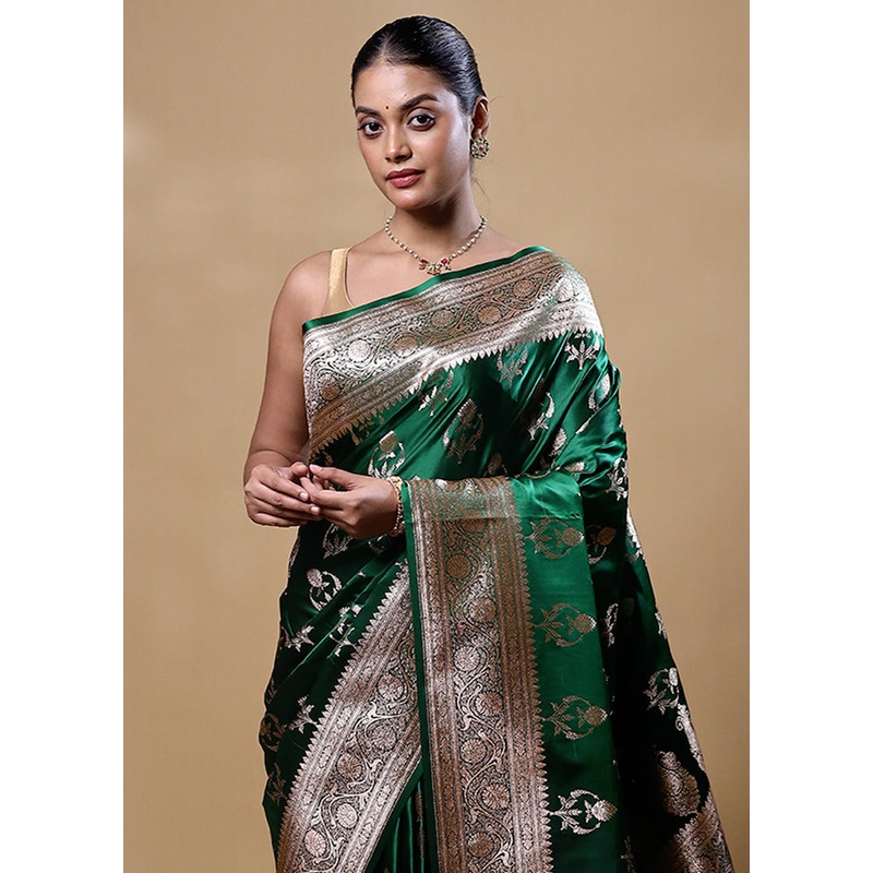 Green Banarasi Silk Saree With Blouse Piece - JD986605285
