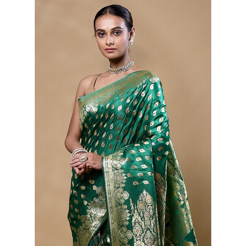 Green Banarasi Silk Saree With Blouse Piece - JD986605366