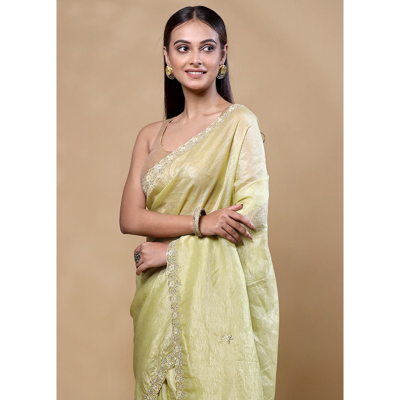 Green Crushed Tissue Silk Saree With Blouse Piece - JD986605364