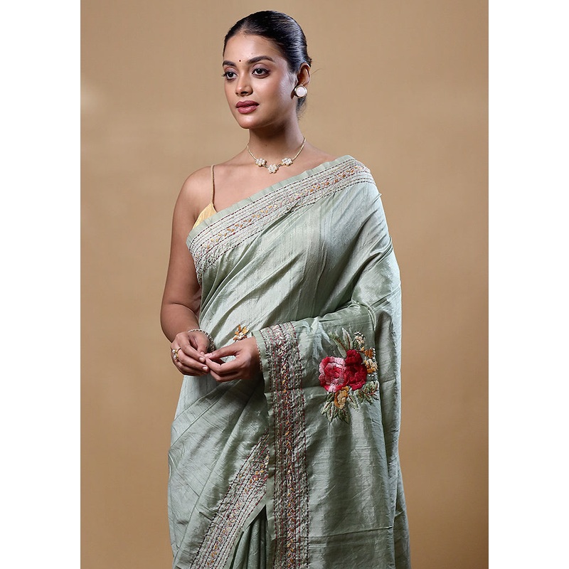 Green Dupion Silk Saree With Blouse Piece - JD986605281