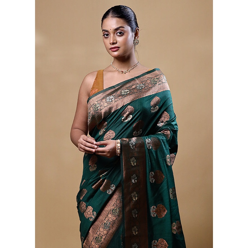 Green Dupion Silk Saree With Blouse Piece - JD986605282