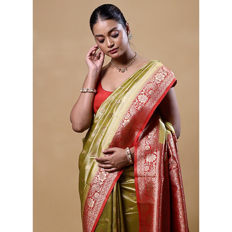 Green Dupion Silk Saree With Blouse Piece - JD986605283