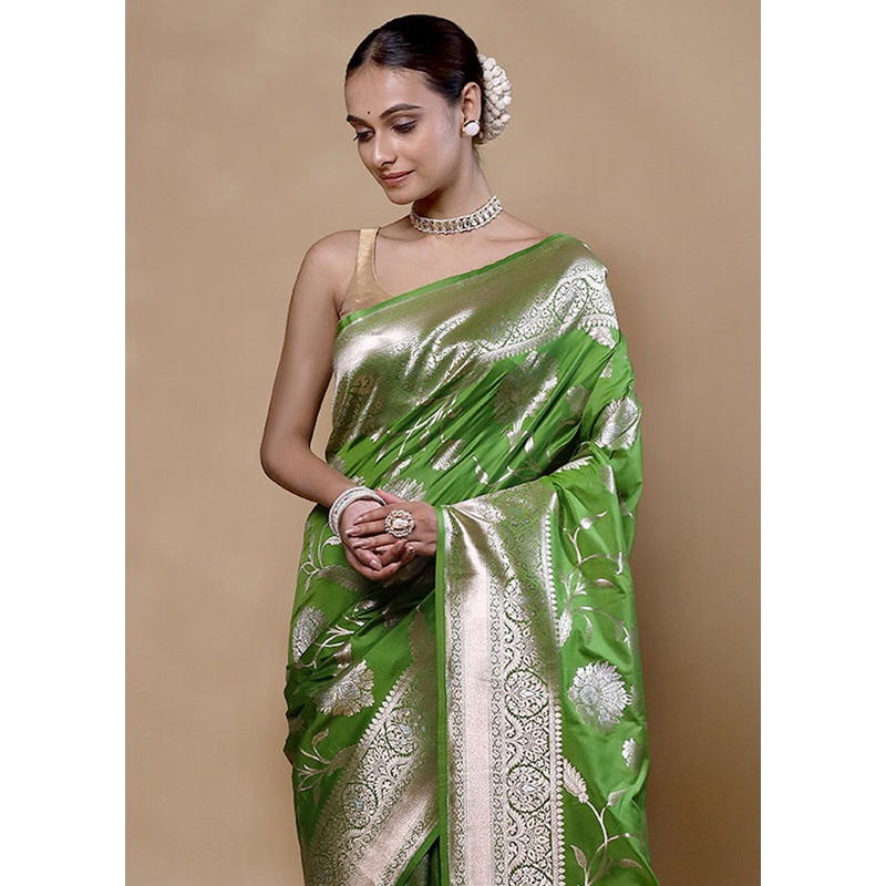 Green Dupion Silk Saree With Blouse Piece - JD986605363