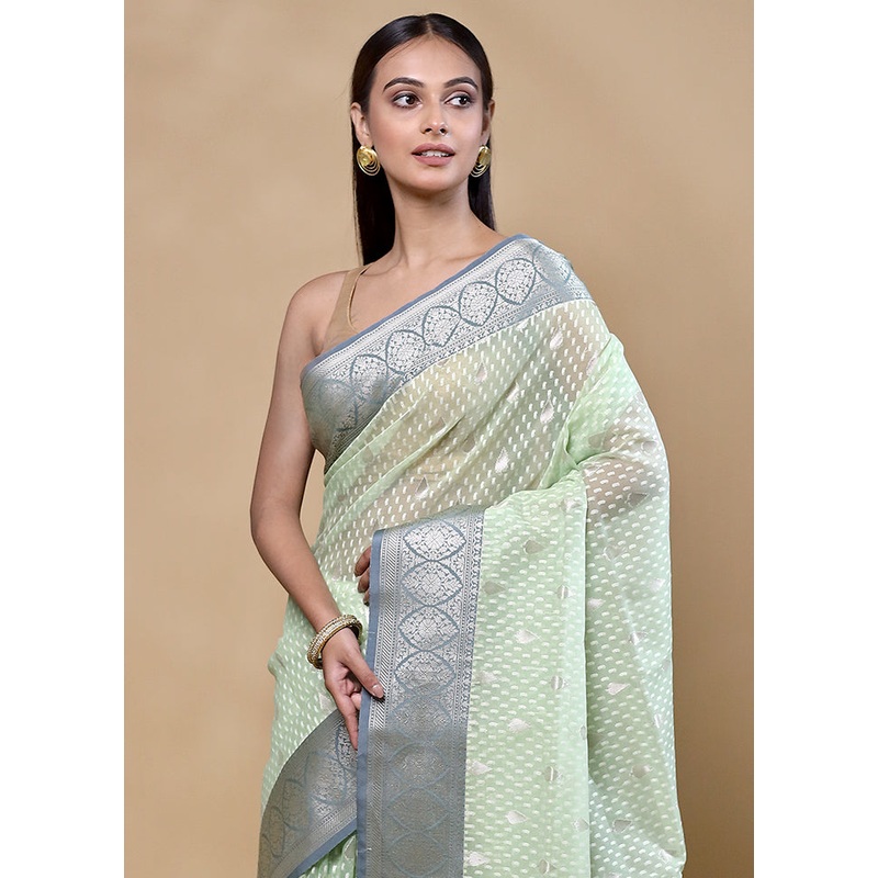 Green Kora Silk Saree With Blouse Piece - JD986605360