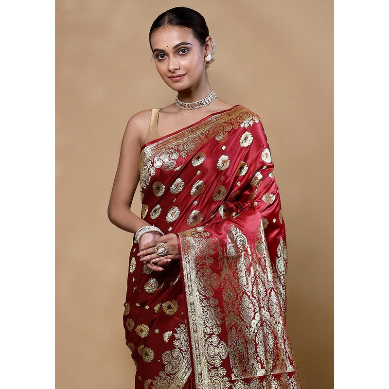 Maroon Banarasi Silk Saree With Blouse Piece - JD986605353