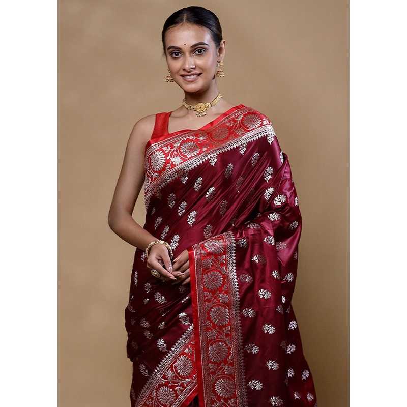 Maroon Banarasi Silk Saree With Blouse Piece - JD986605354