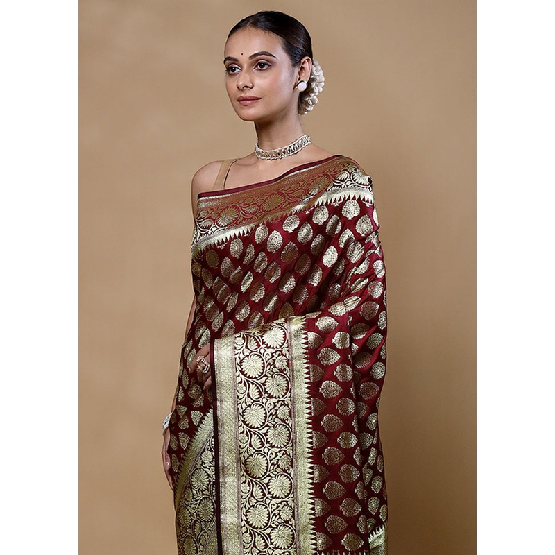 Maroon Banarasi Silk Saree With Blouse Piece - JD986605356