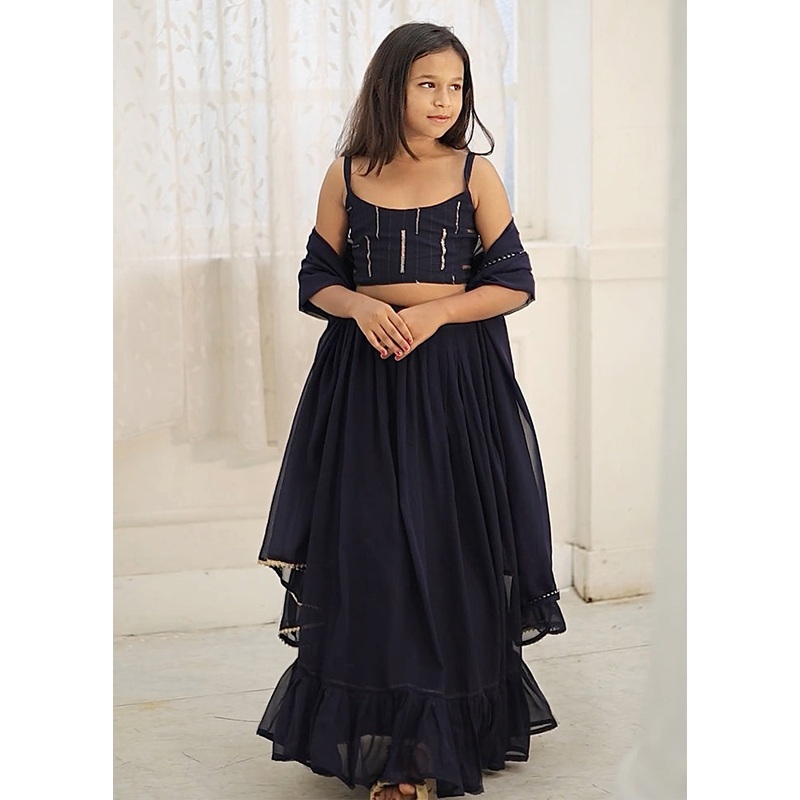 Navy Blue Blended Georgette Digital Printed Work Lehenga With Dupatta - JD986605310