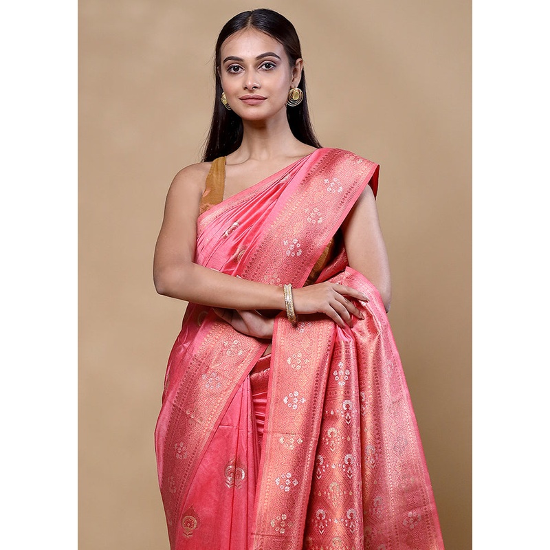 Peach Dupion Silk Saree With Blouse Piece - JD986605347