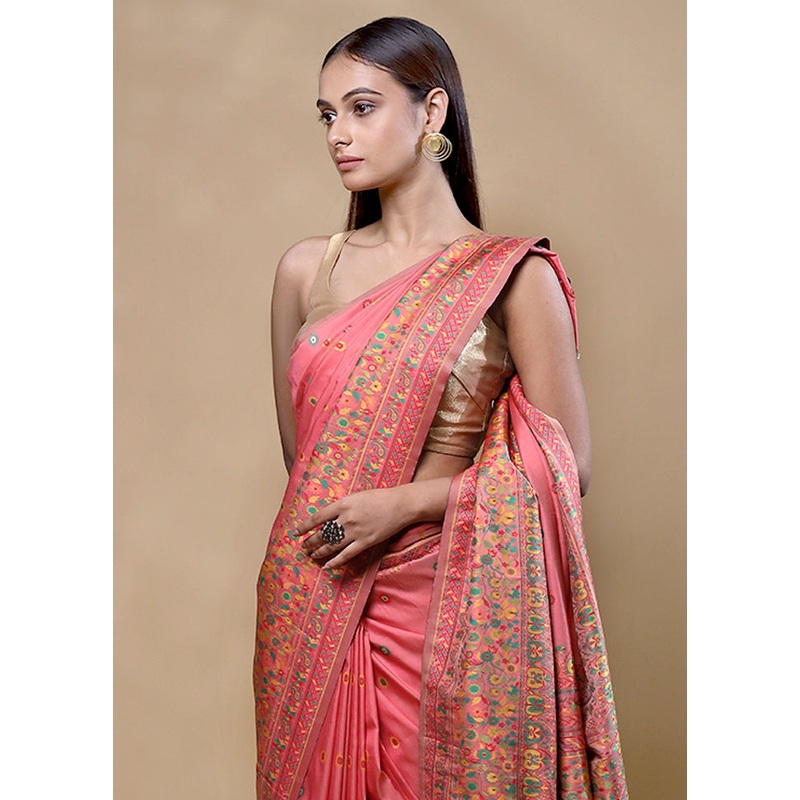 Peach Dupion Silk Saree With Blouse Piece - JD986605348