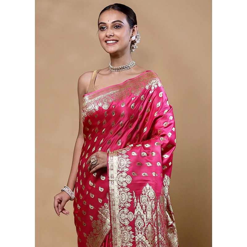 Pink Banarasi Silk Saree With Blouse Piece - JD986605343