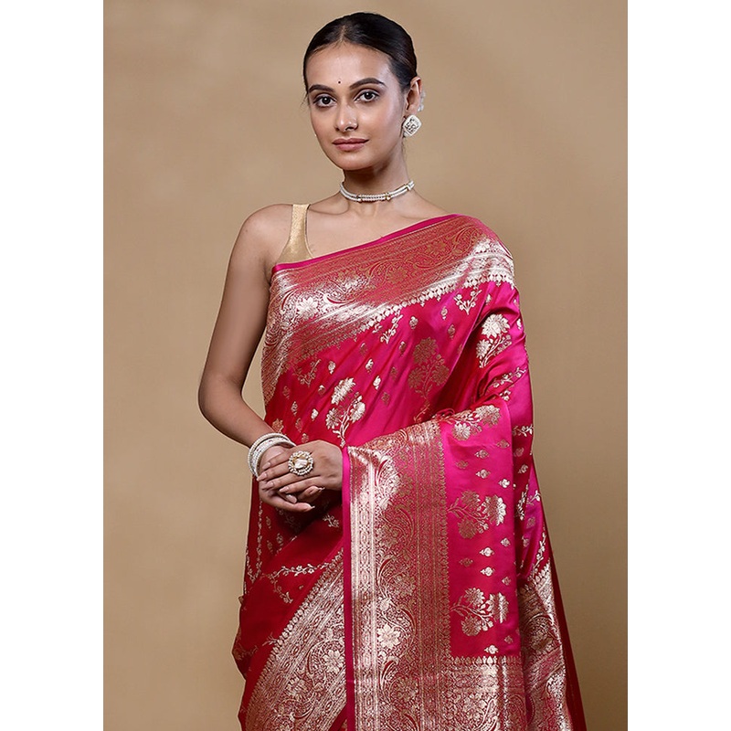 Pink Banarasi Silk Saree With Blouse Piece - JD986605344