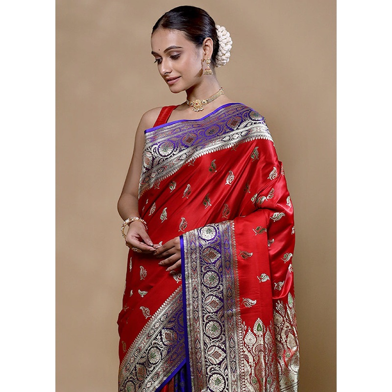 Pink Banarasi Silk Saree With Blouse Piece - JD986605345