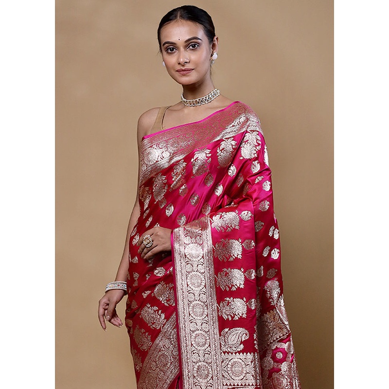 Pink Banarasi Silk Saree With Blouse Piece - JD986605346