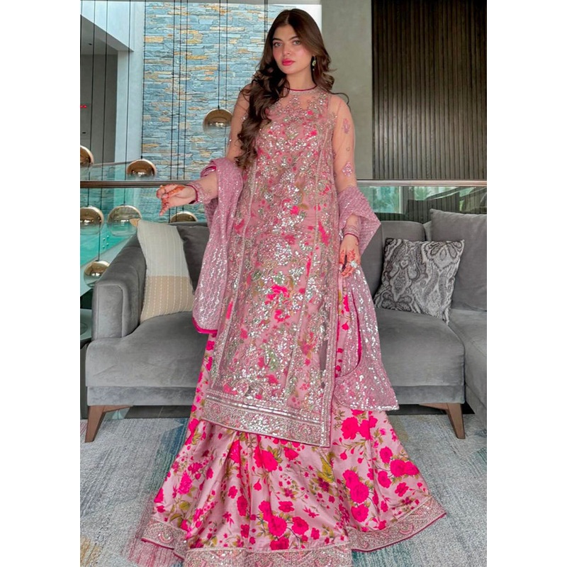Pink Readymade Net Dupatta Indian Dress - JD986605388