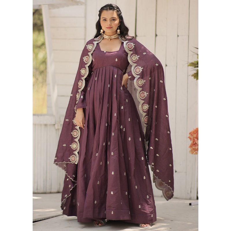 Purple Readymade Silk Long Indian Dress With Dupatta - JD986605435