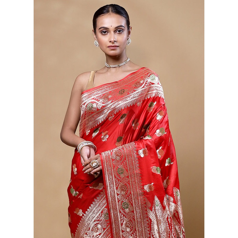 Red Banarasi Silk Saree With Blouse Piece - JD986605332