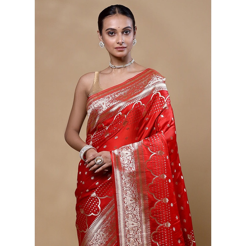Red Banarasi Silk Saree With Blouse Piece - JD986605333
