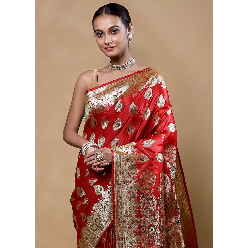 Red Banarasi Silk Saree With Blouse Piece - JD986605334