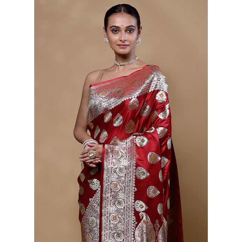 Red Banarasi Silk Saree With Blouse Piece - JD986605335