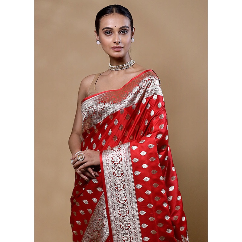 Red Banarasi Silk Saree With Blouse Piece - JD986605336