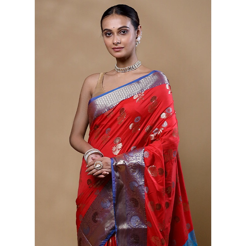 Red Dupion Silk Saree With Blouse Piece - JD986605331