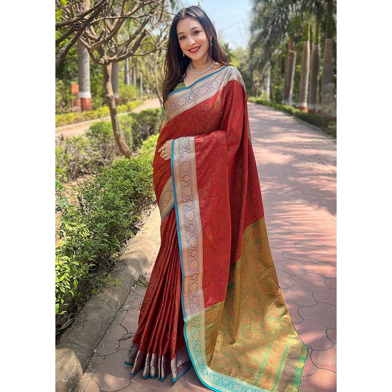 Red Dupion Silk Saree With Blouse Piece - JD986605487