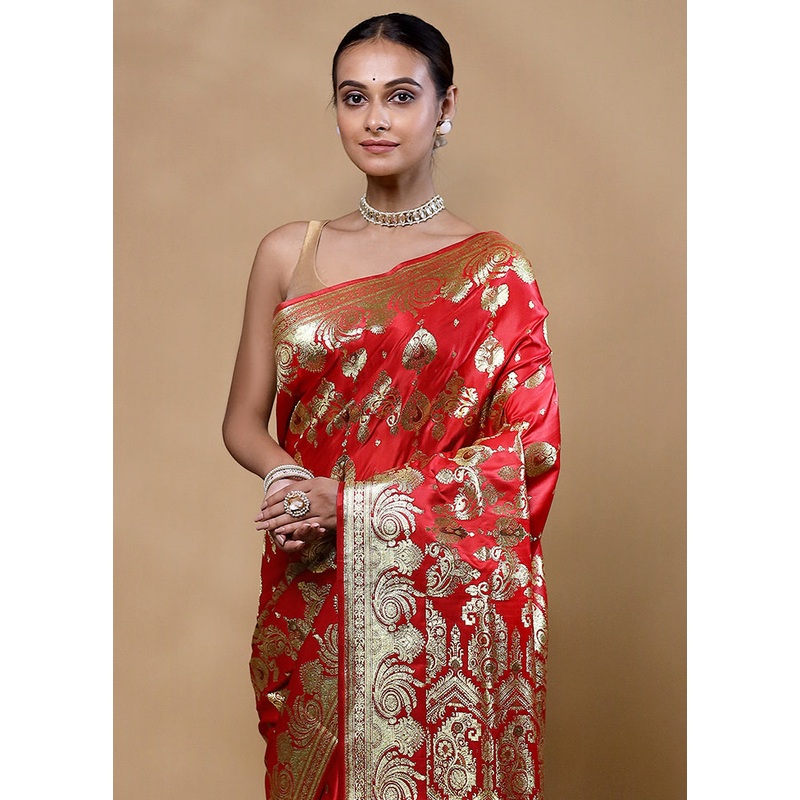 Red Handloom Banarasi Pure Silk Saree With Blouse Piece - JD986605330